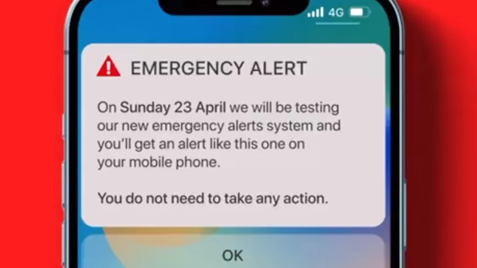 Example phone notification of an emergency alert, reading: "On Sunday 23 April we will be testing our new emergency alerts system and you'll get an alert like this one on your mobile phone. You do not need to take any action. OK."